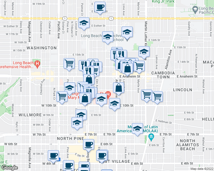 map of restaurants, bars, coffee shops, grocery stores, and more near 1124 Linden Avenue in Long Beach