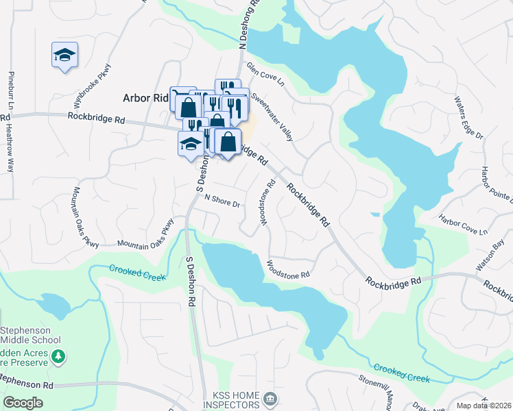 map of restaurants, bars, coffee shops, grocery stores, and more near 561 Woodstone Rd in Lithonia