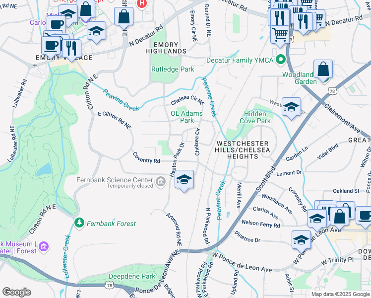 map of restaurants, bars, coffee shops, grocery stores, and more near 247 Heaton Park Drive in Decatur