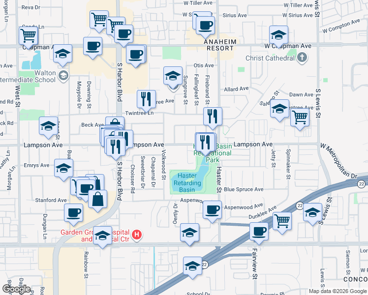 map of restaurants, bars, coffee shops, grocery stores, and more near 12511 Sungrove Circle in Garden Grove
