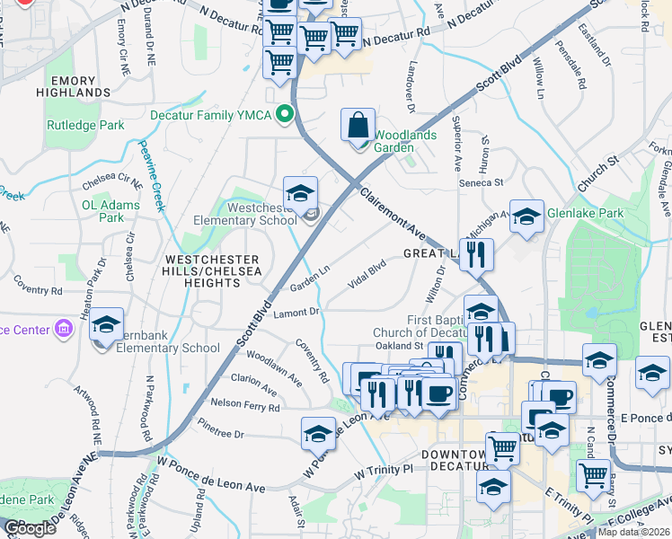map of restaurants, bars, coffee shops, grocery stores, and more near 164 Garden Lane in Decatur