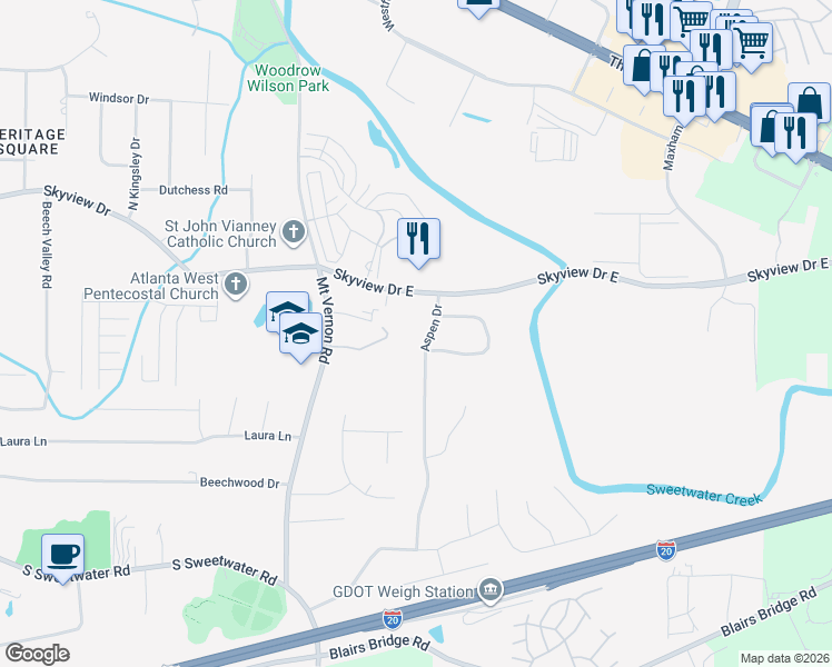 map of restaurants, bars, coffee shops, grocery stores, and more near 823 Aspen Drive in Lithia Springs