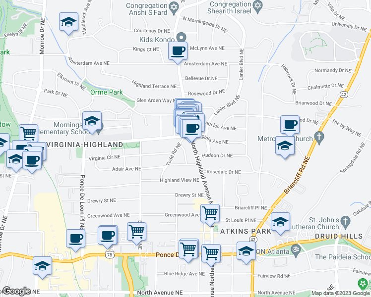 map of restaurants, bars, coffee shops, grocery stores, and more near 979 Rupley Drive Northeast in Atlanta
