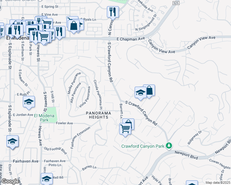 map of restaurants, bars, coffee shops, grocery stores, and more near 446b South Crawford Canyon Road in North Tustin