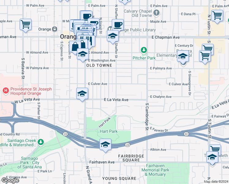 map of restaurants, bars, coffee shops, grocery stores, and more near 452 South Shaffer Street in Orange