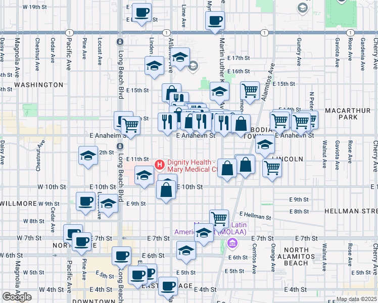 map of restaurants, bars, coffee shops, grocery stores, and more near 1138 Lime Avenue in Long Beach