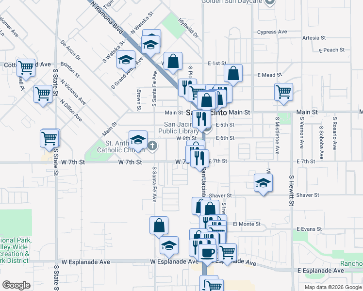 map of restaurants, bars, coffee shops, grocery stores, and more near 625 South Estudillo Avenue in San Jacinto