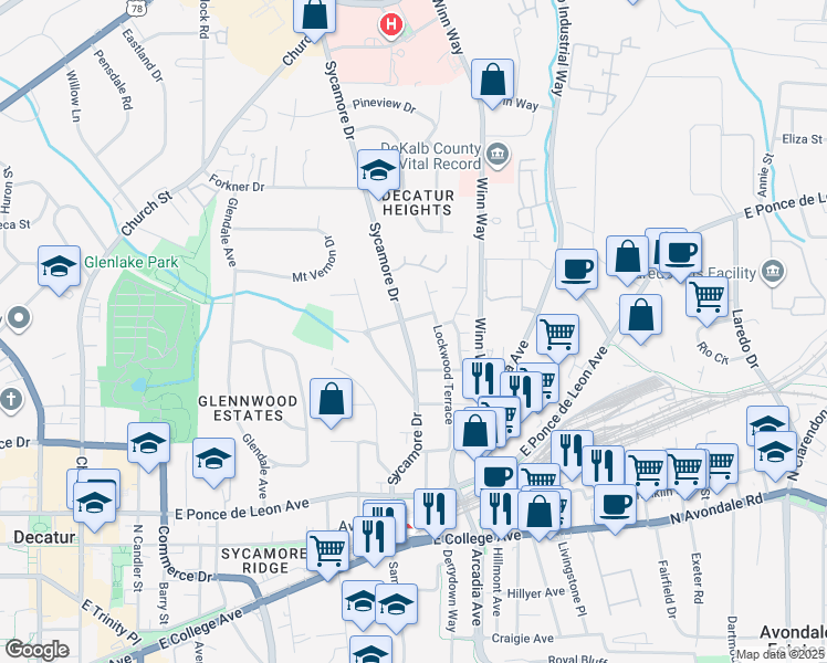 map of restaurants, bars, coffee shops, grocery stores, and more near 639 Sycamore Drive in Decatur