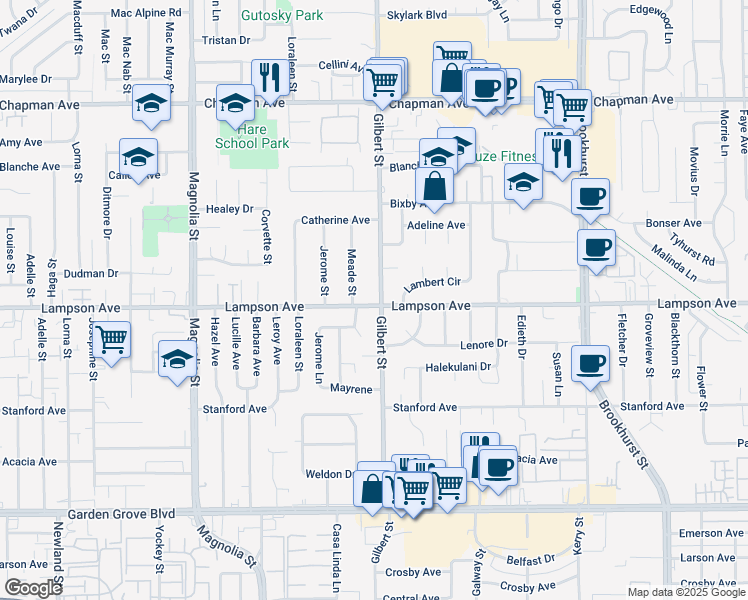 map of restaurants, bars, coffee shops, grocery stores, and more near 12461 Gilbert Street in Garden Grove
