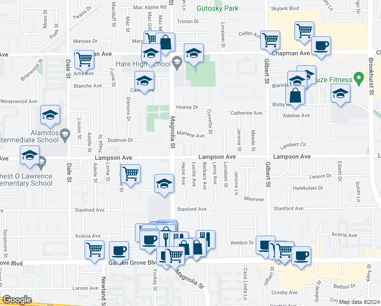 map of restaurants, bars, coffee shops, grocery stores, and more near 9071 Lampson Avenue in Garden Grove