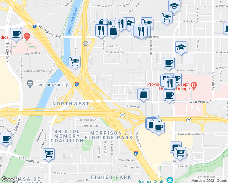map of restaurants, bars, coffee shops, grocery stores, and more near 435 South Flower Street in Orange
