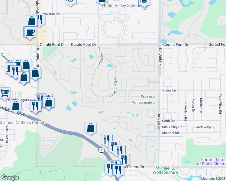 map of restaurants, bars, coffee shops, grocery stores, and more near 69566 Paseo Del Sol in Cathedral City