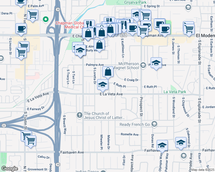 map of restaurants, bars, coffee shops, grocery stores, and more near 438 South Malena Drive in Orange