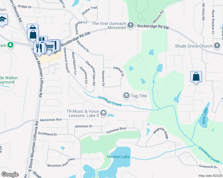 map of restaurants, bars, coffee shops, grocery stores, and more near 5801 Oakleaf Way in Stone Mountain