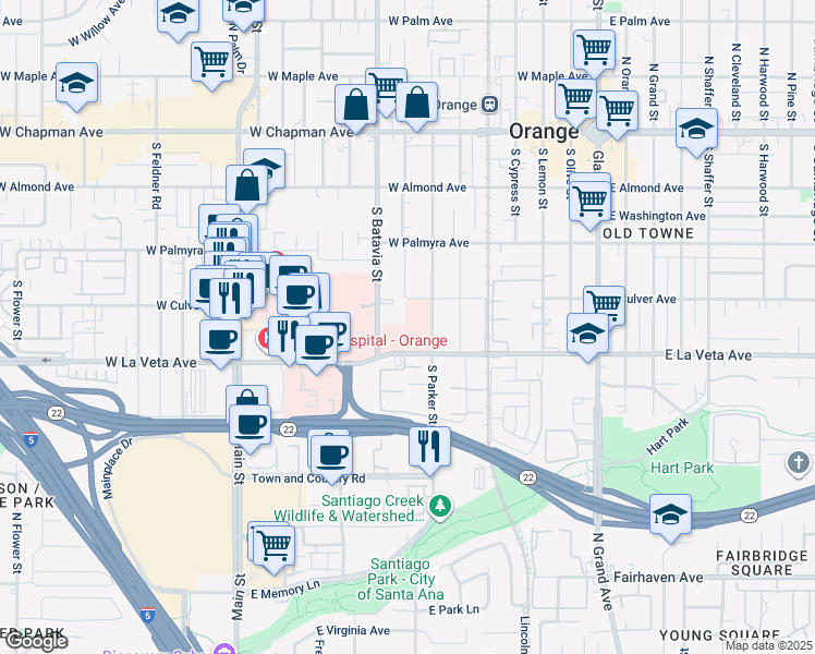 map of restaurants, bars, coffee shops, grocery stores, and more near 805 West La Veta Avenue in Orange