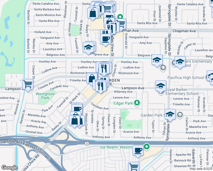 map of restaurants, bars, coffee shops, grocery stores, and more near 12452 Valley View Street in Garden Grove
