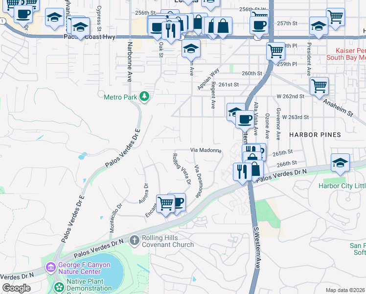 map of restaurants, bars, coffee shops, grocery stores, and more near 2031 Via Madonna in Lomita