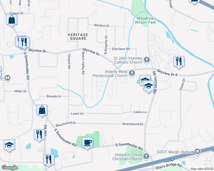 map of restaurants, bars, coffee shops, grocery stores, and more near 2790 Skyview Drive in Lithia Springs