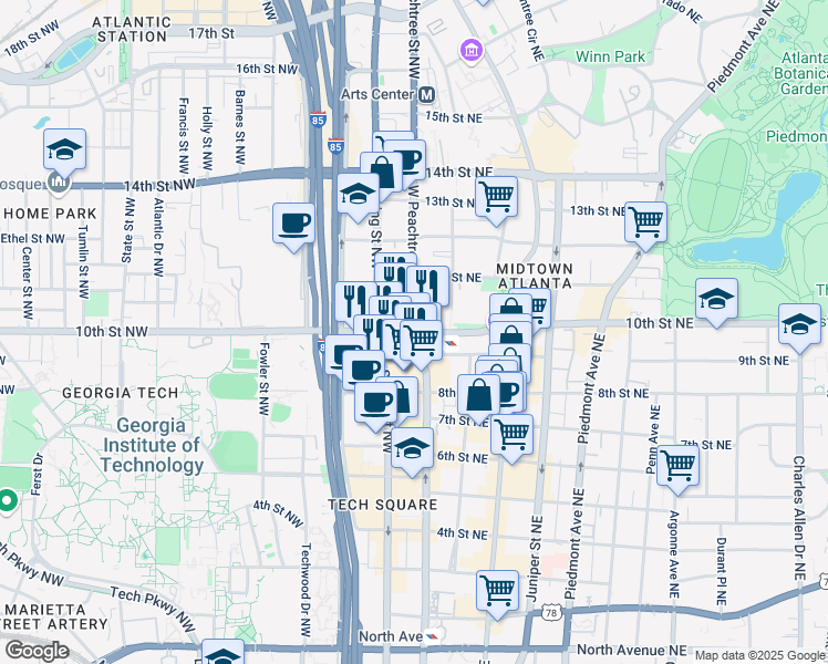 map of restaurants, bars, coffee shops, grocery stores, and more near 1349 West Peachtree Street Northwest in Atlanta
