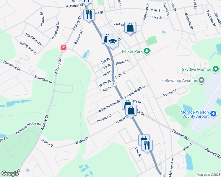 map of restaurants, bars, coffee shops, grocery stores, and more near 109 6th Street in Monroe