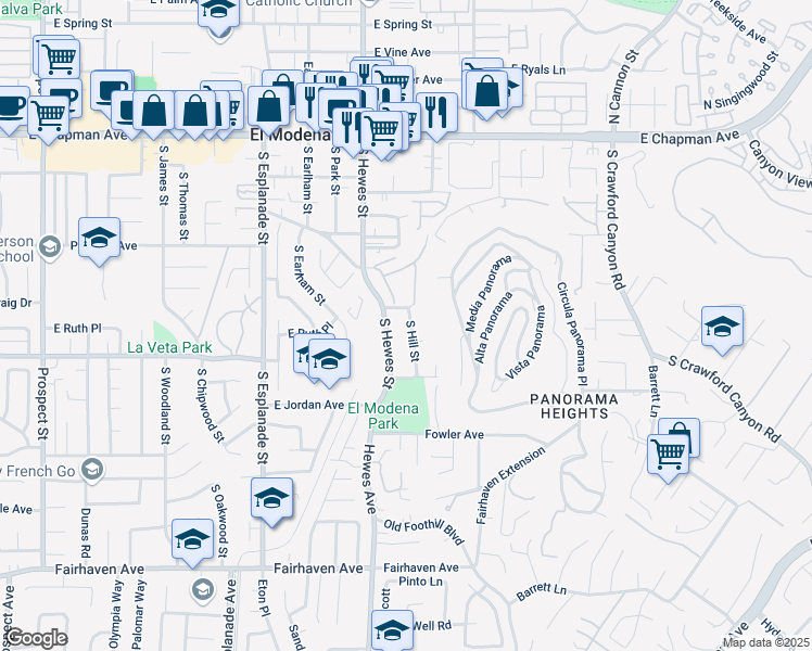 map of restaurants, bars, coffee shops, grocery stores, and more near 434 South Hill Street in Orange