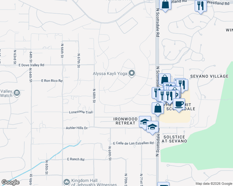 map of restaurants, bars, coffee shops, grocery stores, and more near 32675 North 70th Street in Scottsdale