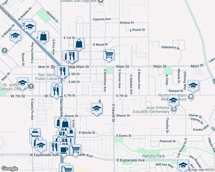 map of restaurants, bars, coffee shops, grocery stores, and more near 621 South Mistletoe Avenue in San Jacinto