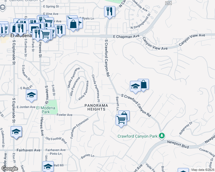 map of restaurants, bars, coffee shops, grocery stores, and more near 446b South Crawford Canyon Road in North Tustin