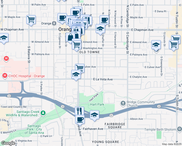 map of restaurants, bars, coffee shops, grocery stores, and more near 453 South Grand Street in Orange