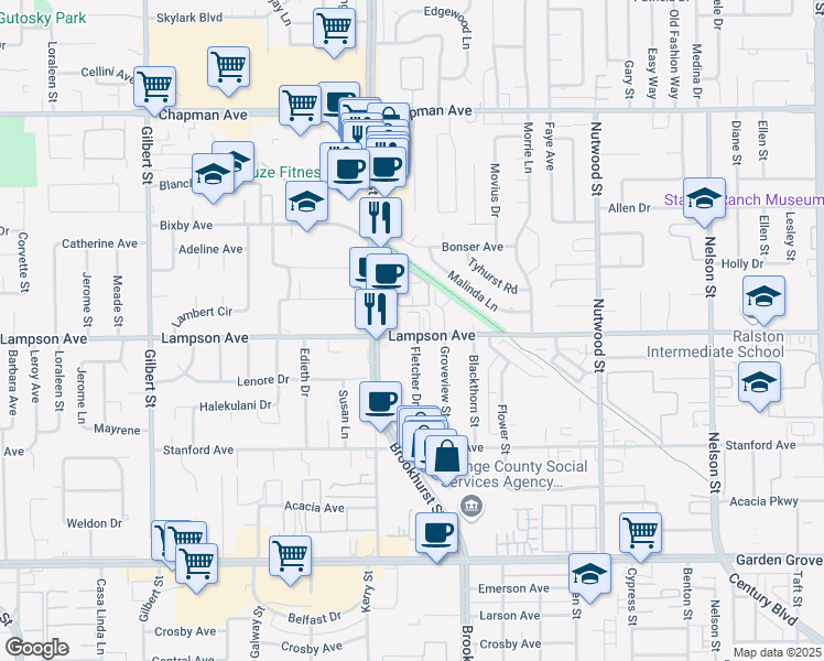map of restaurants, bars, coffee shops, grocery stores, and more near 10071 Lampson Avenue in Garden Grove