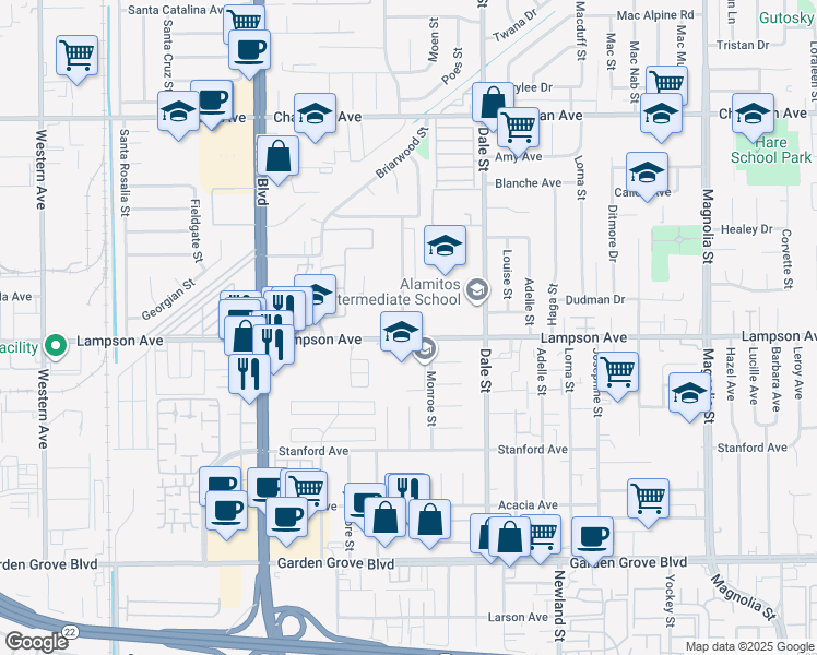 map of restaurants, bars, coffee shops, grocery stores, and more near 8331 Lampson Avenue in Garden Grove