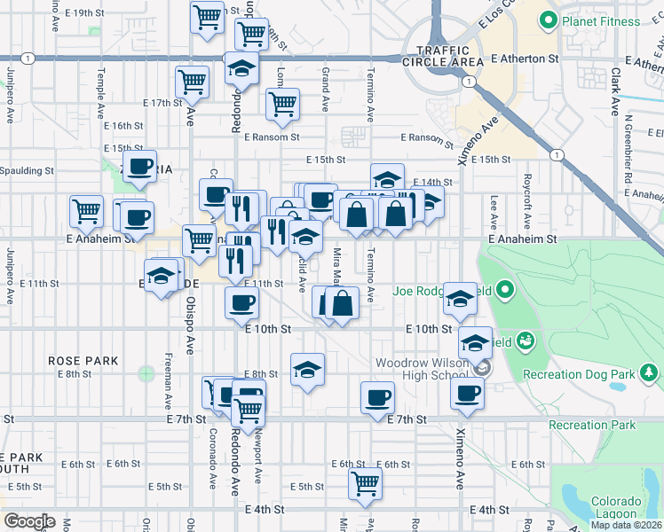 map of restaurants, bars, coffee shops, grocery stores, and more near 1146 Mira Mar Avenue in Long Beach