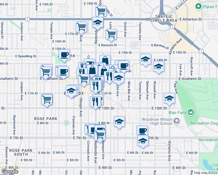 map of restaurants, bars, coffee shops, grocery stores, and more near 1137 Loma Avenue in Long Beach