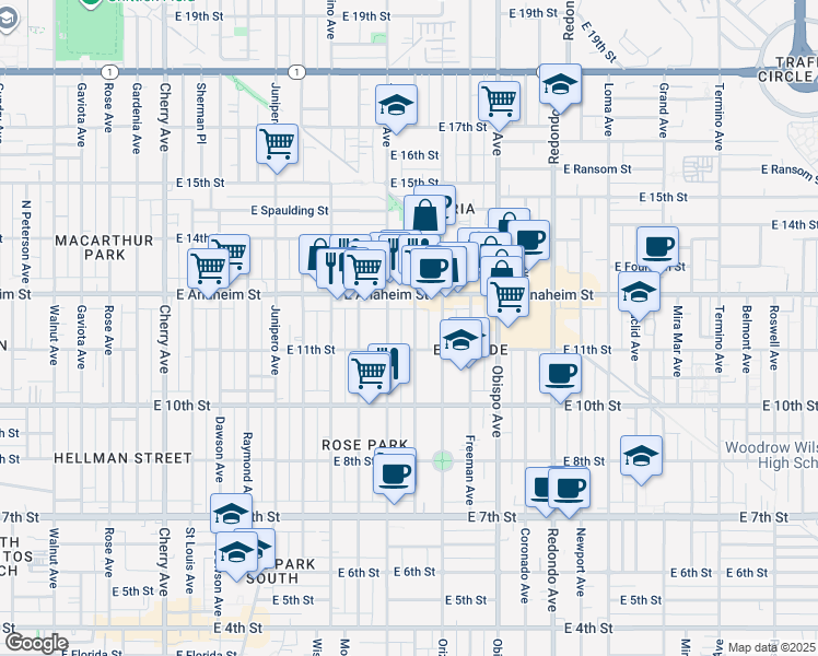 map of restaurants, bars, coffee shops, grocery stores, and more near 1137 Gladys Avenue in Long Beach