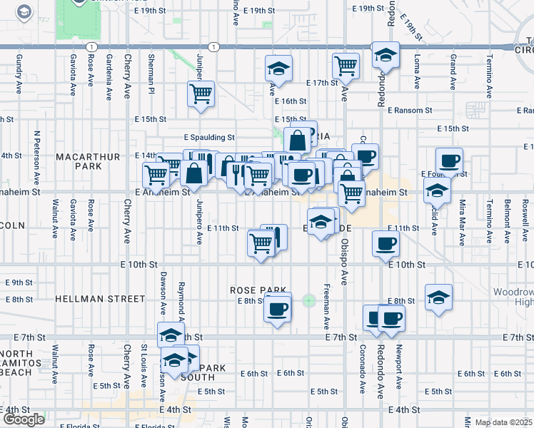 map of restaurants, bars, coffee shops, grocery stores, and more near 1150 Ohio Avenue in Long Beach