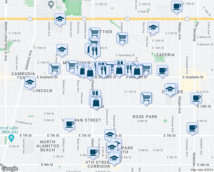 map of restaurants, bars, coffee shops, grocery stores, and more near 1130 Dawson Avenue in Long Beach