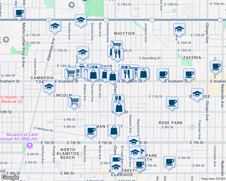 map of restaurants, bars, coffee shops, grocery stores, and more near 1130 Gardenia Avenue in Long Beach