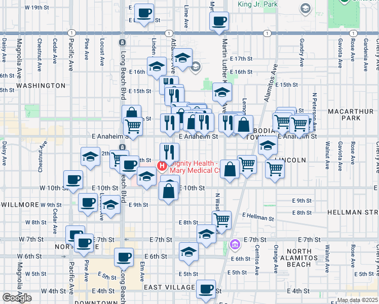 map of restaurants, bars, coffee shops, grocery stores, and more near 1138 Lime Avenue in Long Beach
