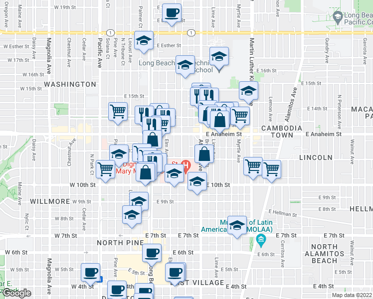 map of restaurants, bars, coffee shops, grocery stores, and more near 1124 Linden Avenue in Long Beach