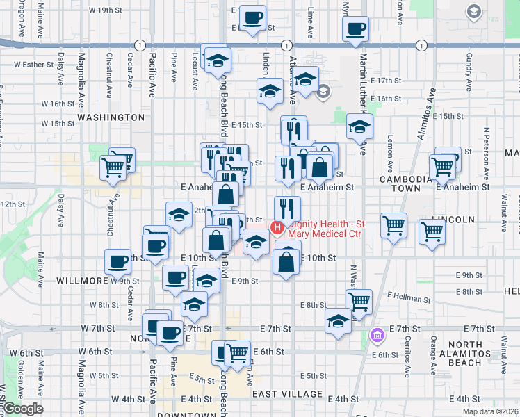 map of restaurants, bars, coffee shops, grocery stores, and more near 1124 Linden Avenue in Long Beach