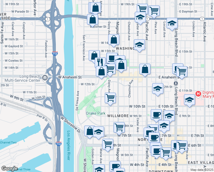 map of restaurants, bars, coffee shops, grocery stores, and more near 1194 North Loma Vista Drive in Long Beach