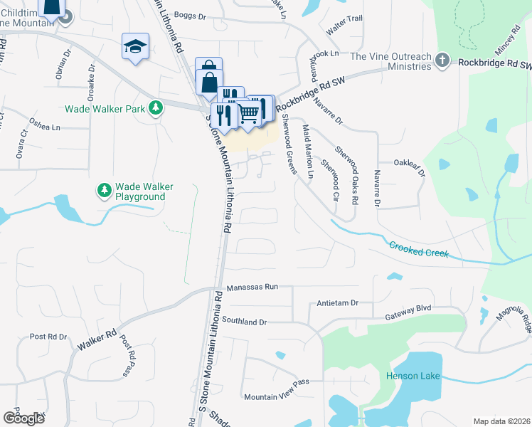map of restaurants, bars, coffee shops, grocery stores, and more near 5702 Wells Circle in Stone Mountain