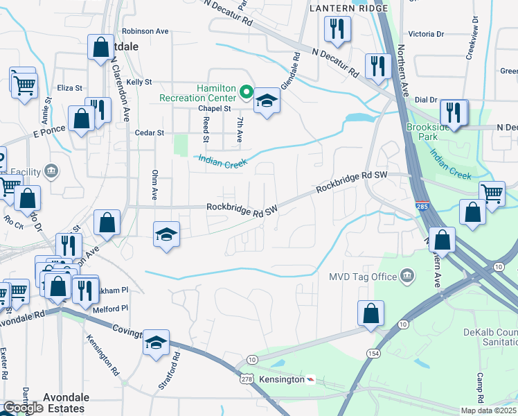 map of restaurants, bars, coffee shops, grocery stores, and more near 323 Cobblestone Trail in Avondale Estates