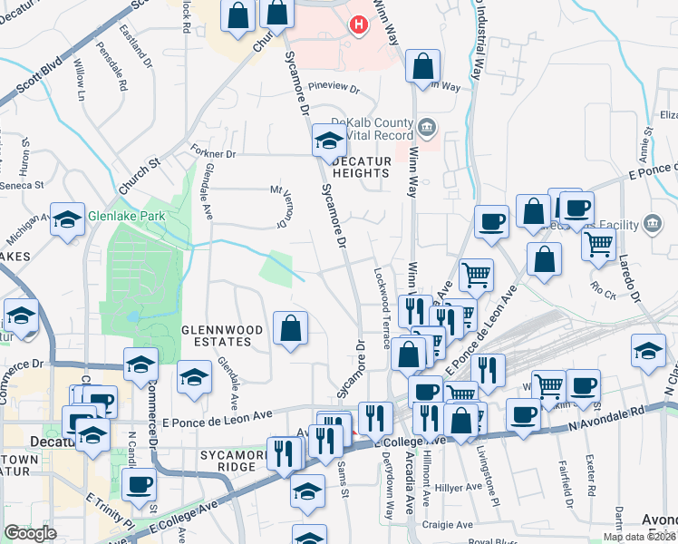 map of restaurants, bars, coffee shops, grocery stores, and more near 181 Ridgeland Avenue in Decatur