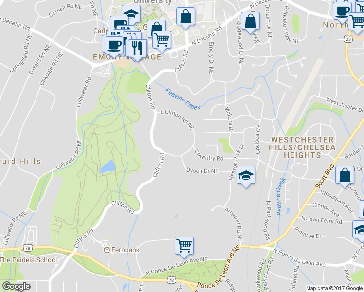 map of restaurants, bars, coffee shops, grocery stores, and more near 1686 East Clifton Road Northeast in Atlanta