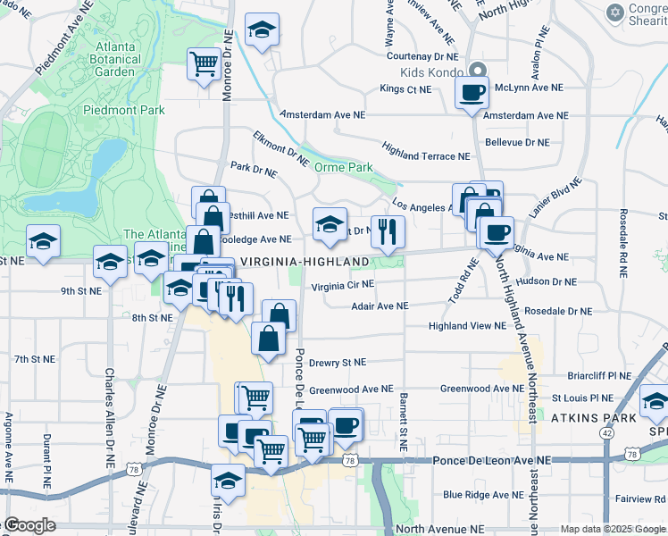 map of restaurants, bars, coffee shops, grocery stores, and more near 791 Virginia Avenue Northeast in Atlanta