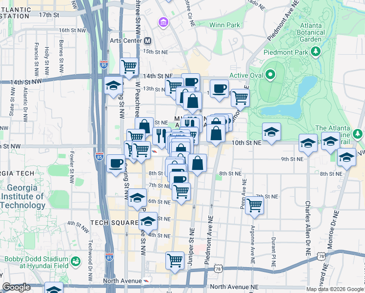 map of restaurants, bars, coffee shops, grocery stores, and more near in Atlanta