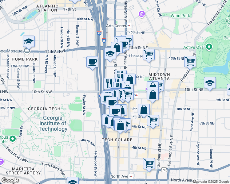 map of restaurants, bars, coffee shops, grocery stores, and more near in Atlanta