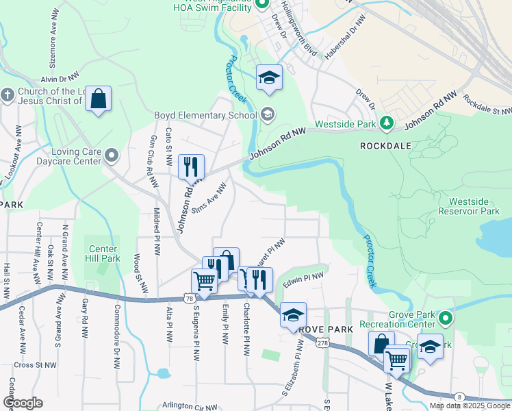 map of restaurants, bars, coffee shops, grocery stores, and more near 971 Colquitt Place Northwest in Atlanta
