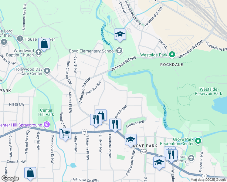 map of restaurants, bars, coffee shops, grocery stores, and more near 971 Colquitt Place Northwest in Atlanta